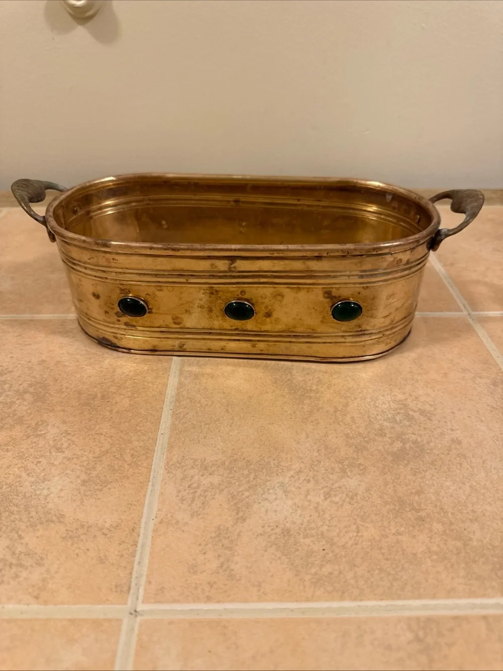 2 Vintage Brass Planters  W/Handles & Jewels Along The Side